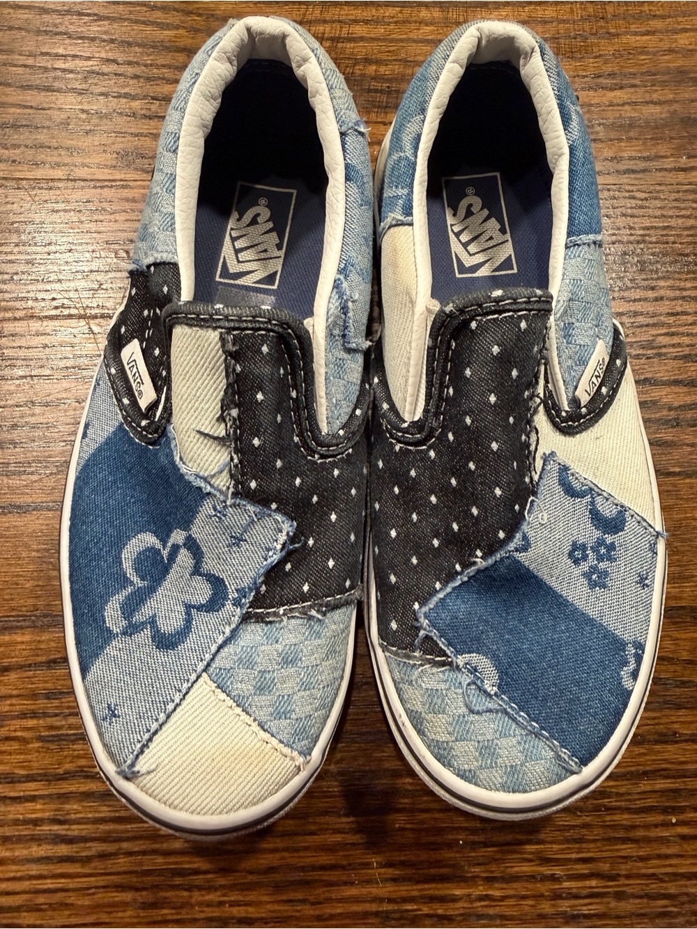 Vans Kids Patchwork Denim Slip-On Sneakers – Blue, Black, Cream